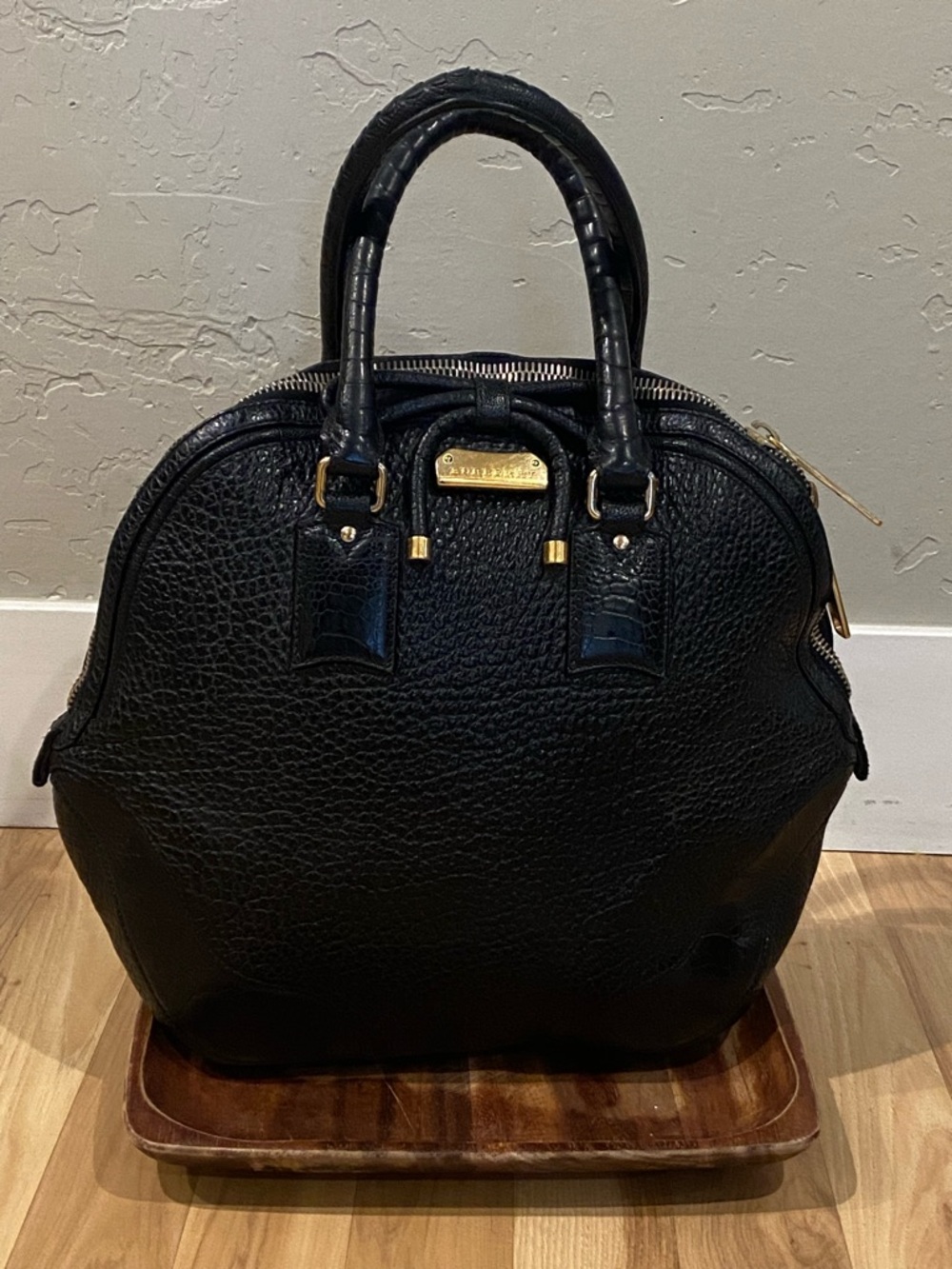 Burberry Orchard Bag Heritage Grained Leather Dome Satchel with Gold Hardware.